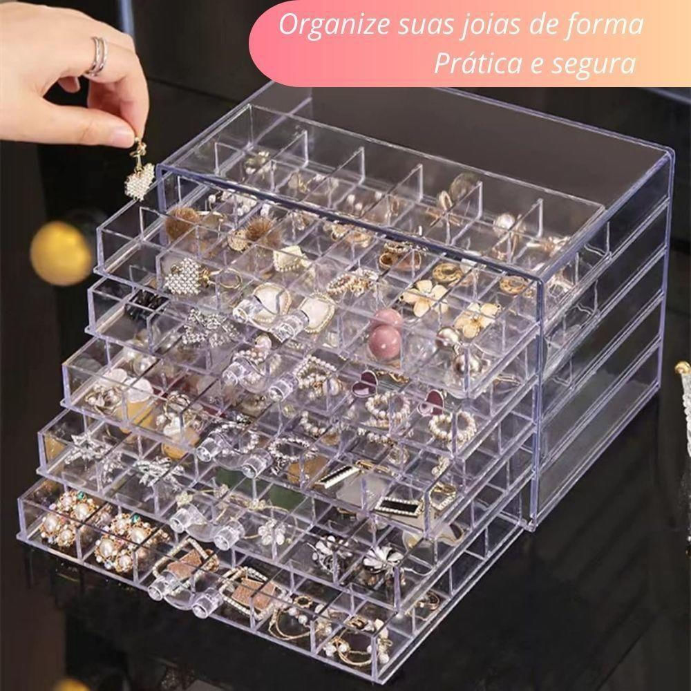 Encontraproduto.com.br - Organizador 120 Disivorias Porta Joias Caixa Acrilica 5 Gavetas Bijuterias Acessorios Mesa