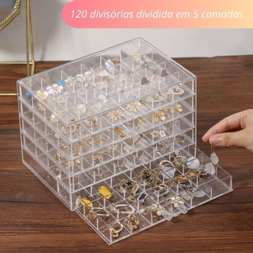 Encontraproduto.com.br - Organizador 120 Disivorias Porta Joias Caixa Acrilica 5 Gavetas Bijuterias Acessorios Mesa