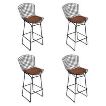 Kit 4 Banquetas Bistrô Bertoia Preta D70 Com Assento Marrom