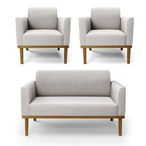 Sofá Namoradeira Com 2 Poltronas Base De Madeira Fixa Castanho Marisa Veludo Cinza D03 - D?rossi