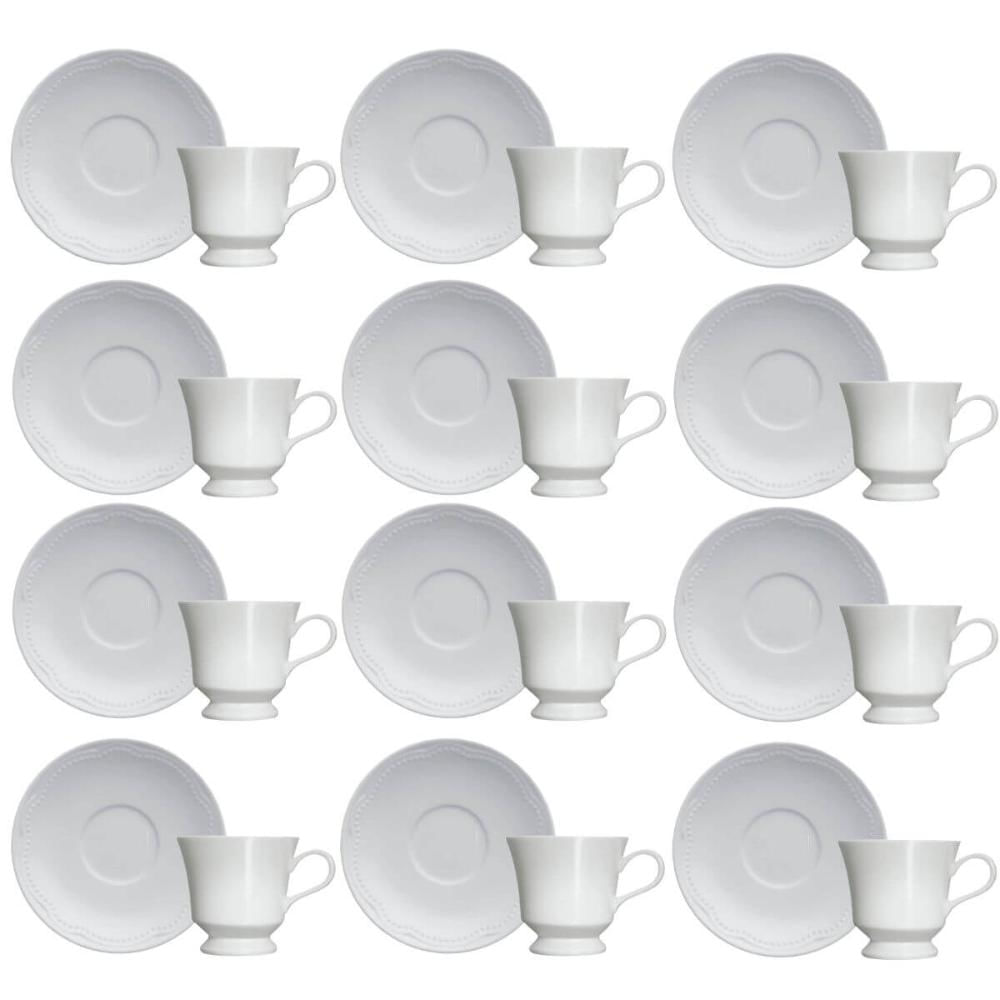 Encontraproduto.com.br - Conjunto 12 Xícaras de Café com Pires 80ml Relevo Cottage Porcelana Branco Chávena Germer