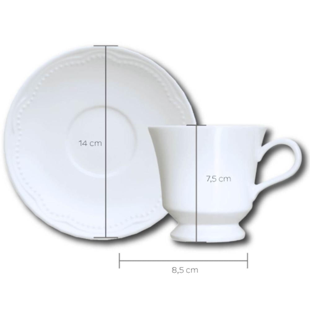 Encontraproduto.com.br - Jogo 6 Xícaras de Chá Café 190ml com Pires Porcelana Germer Branco Relevo Cottage