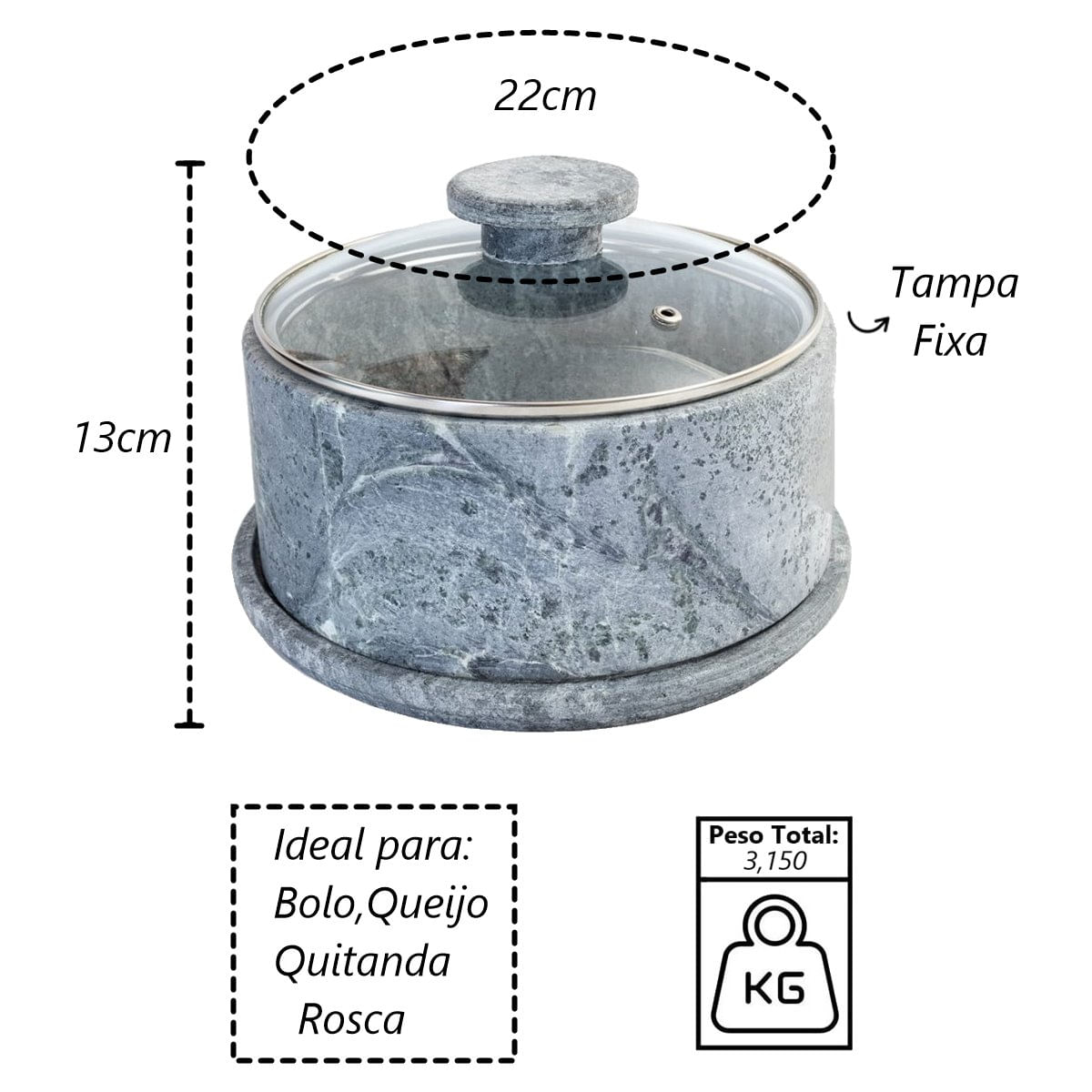 Boleira e Queijeira em Pedra Sabão Tampa de Vidro G 13x22cm