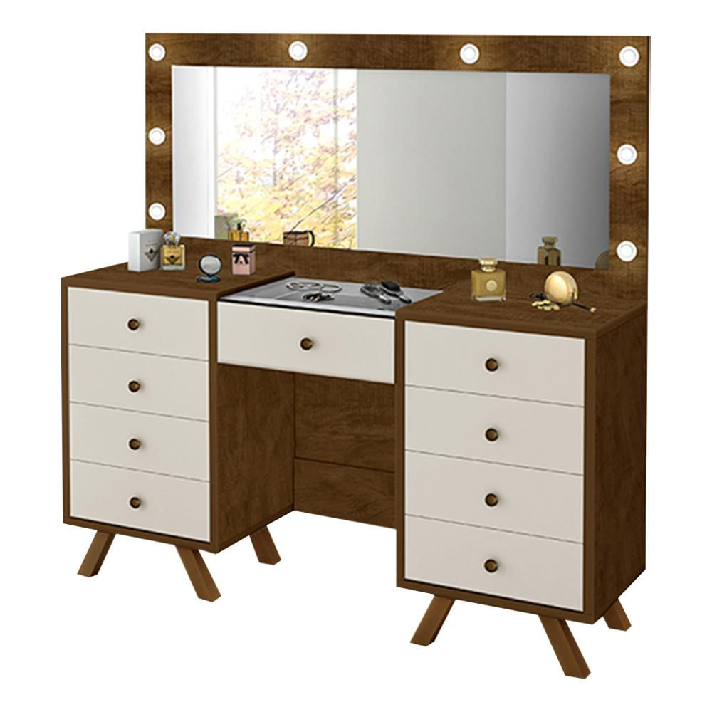 Penteadeira Decorativa 8 Gavetas Porta Joias com Tampo de Vidro Finn Malbec/Off White - Gran Belo