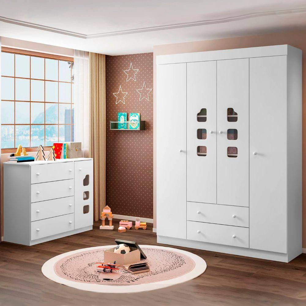 Quarto Infantil Lívia Completo 2 Peças Roupeiro 4 Portas E 2 Gavetas + Cômoda Sapateira