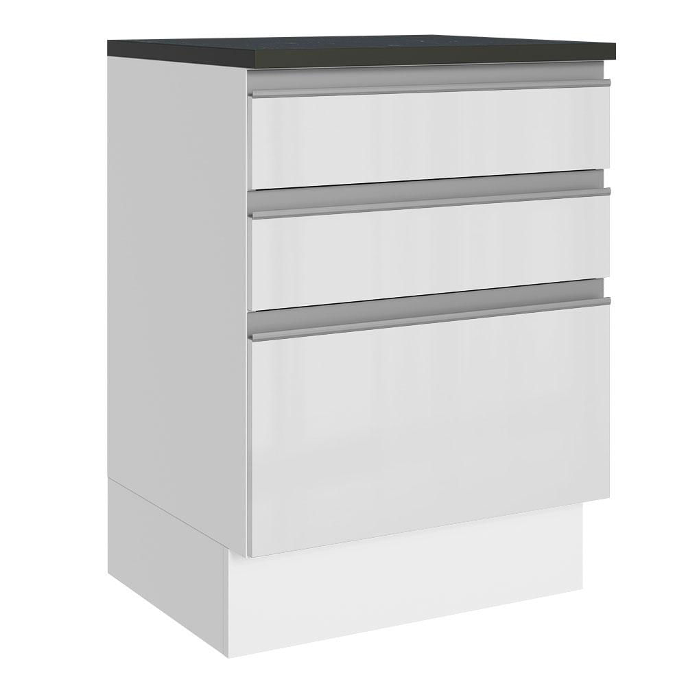 Balcão Madesa Acordes 100% MDF 60 cm 3 Gavetas - Frentes Branco Brilho