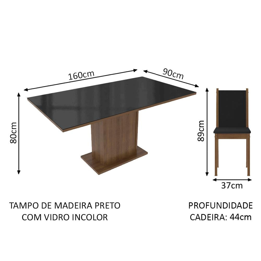 Conjunto Sala de Jantar Madesa Moscou Plus Mesa Tampo de Vidro 6 Cadeiras - Rustic/Preto/SintPreto Rustic/Preto