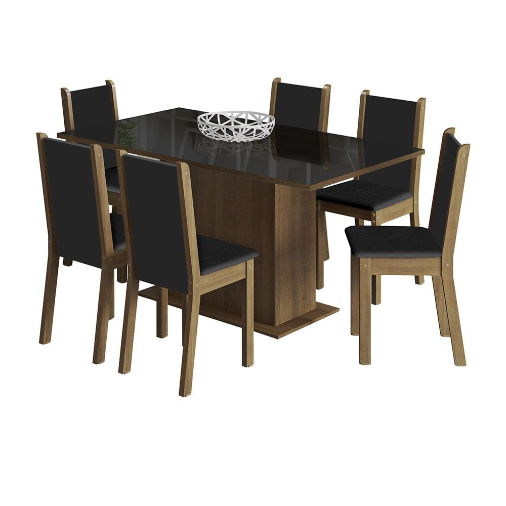 Conjunto Sala de Jantar Madesa Moscou Plus Mesa Tampo de Vidro 6 Cadeiras - Rustic/Preto/SintPreto Rustic/Preto