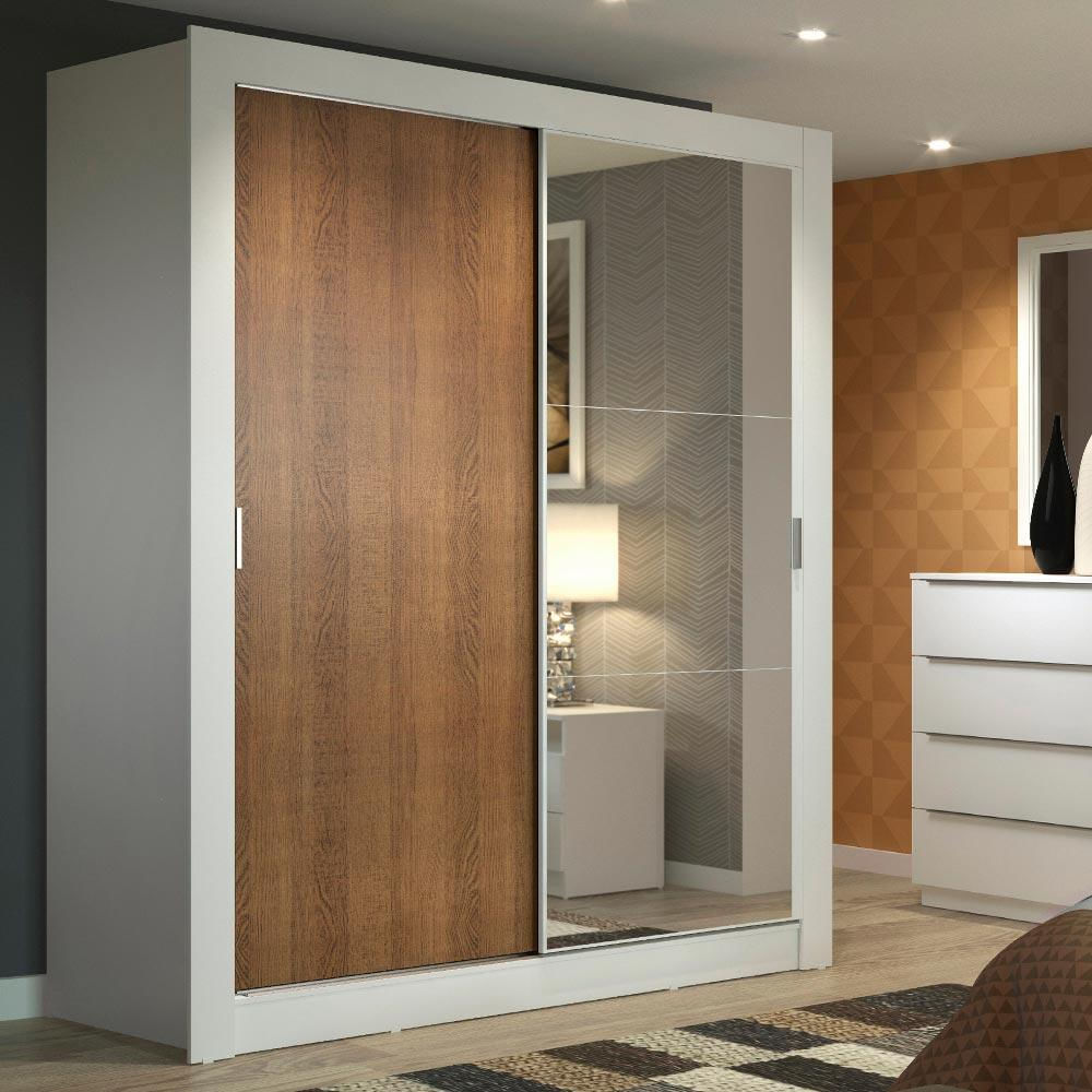Guarda-Roupa Solteiro Madesa Dallas 2 Portas de Correr com Espelho 2 Gavetas - Branco/Rustic