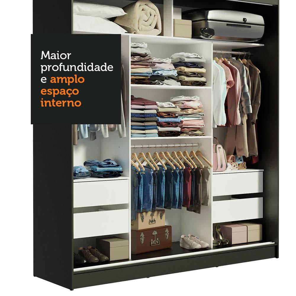 Guarda-Roupa Casal Madesa Reno 3 Portas de Correr com Espelho - Preto/Branco Preto/Branco