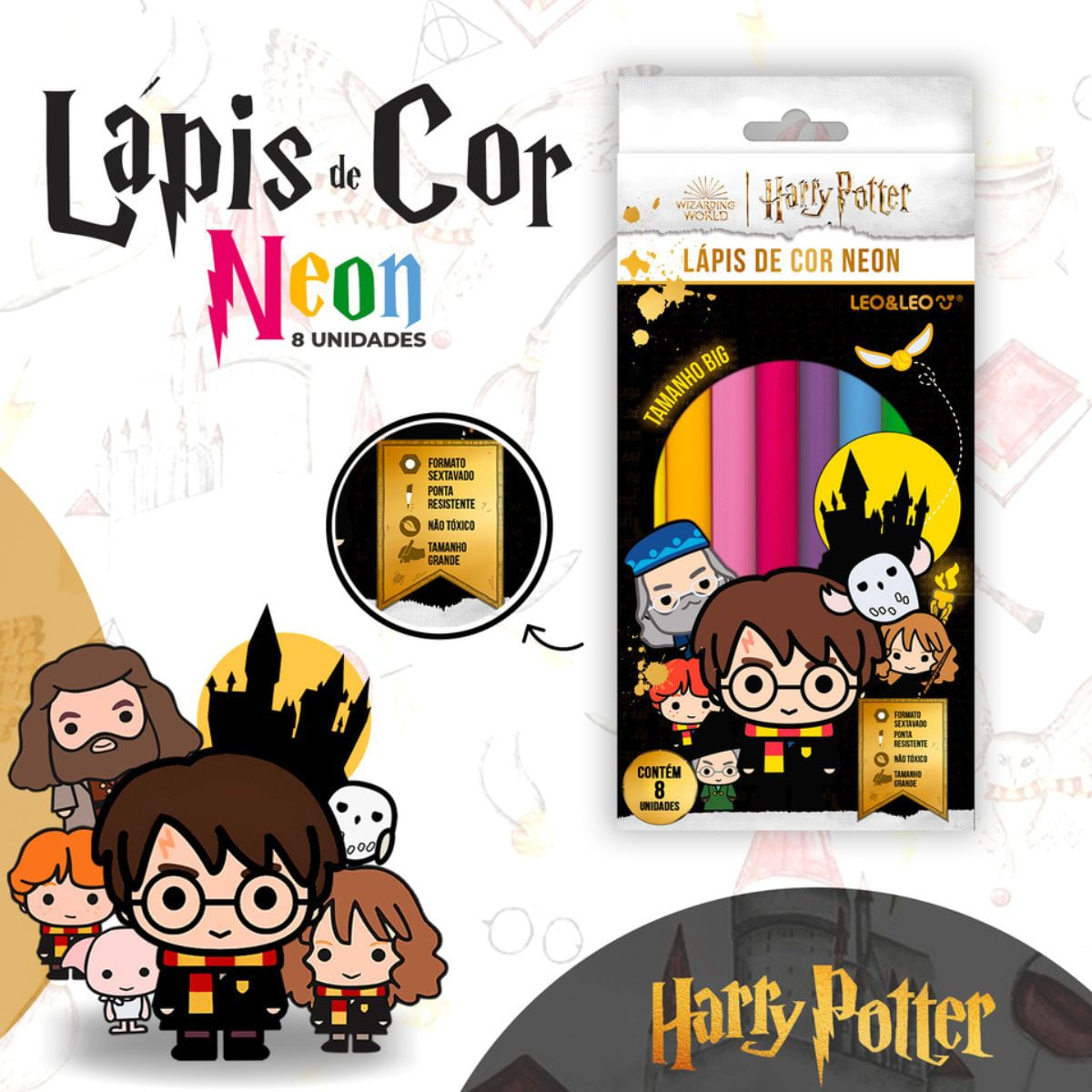 LAPIS DE COR BIG NEON SEXTAVADO 8 CORES HARRY POTTER LEO&amp;LEO