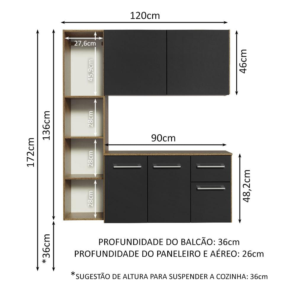 Armário de Cozinha Compacta 120cm Rustic/Preto Easy Madesa Rustic/Preto