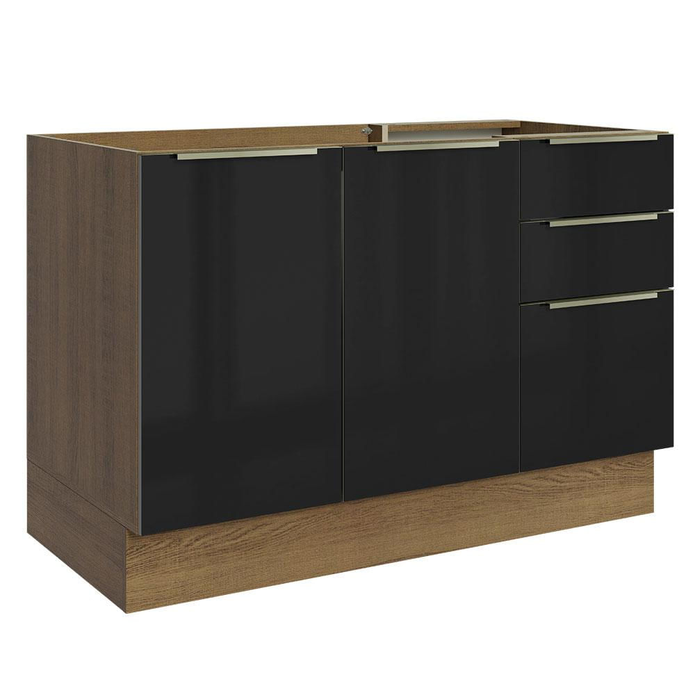 Balcão Gabinete de Pia Madesa Lux 120 cm 2 Portas 3 Gavetas - Rustic/Preto