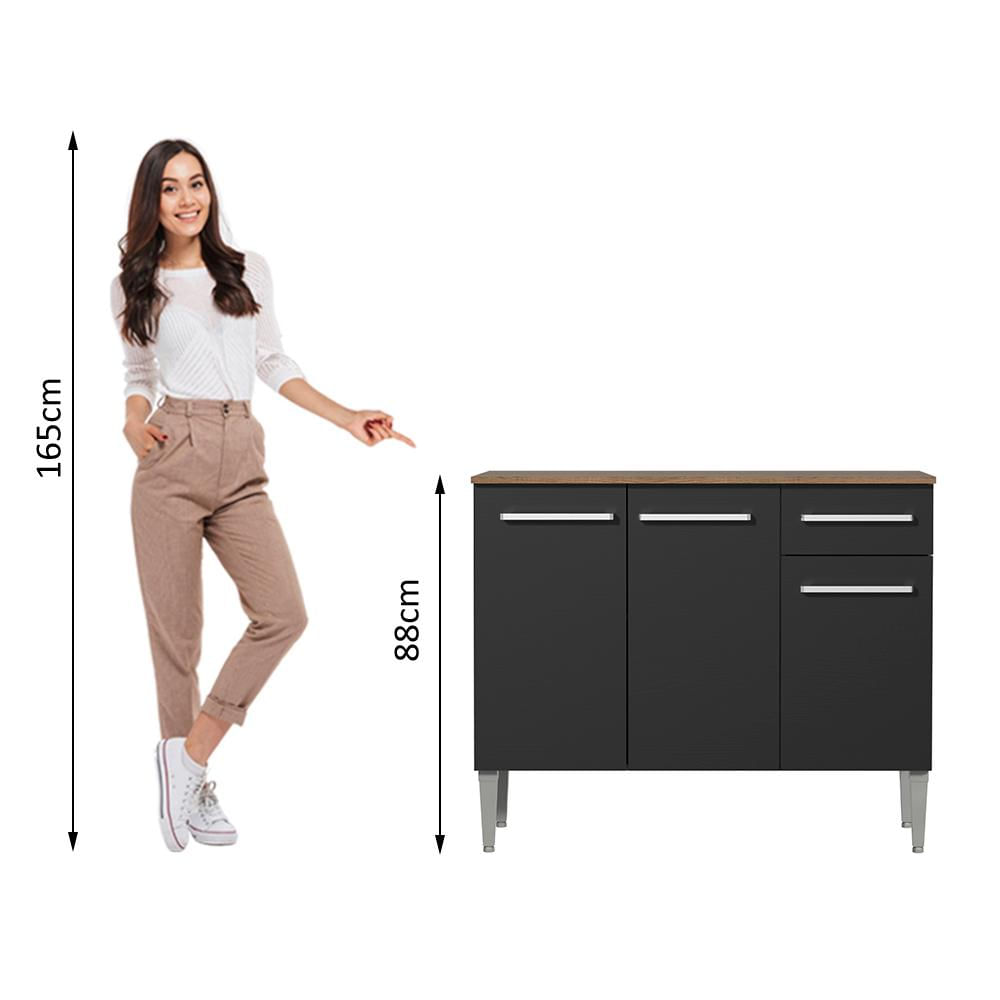 Balcão Gabinete Madesa Emilly 3 Portas e 1 Gaveta - Rustic/Preto Rustic/Preto