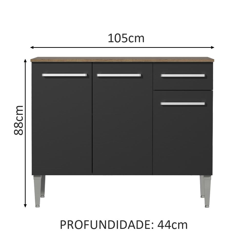 Balcão Gabinete Madesa Emilly 3 Portas e 1 Gaveta - Rustic/Preto Rustic/Preto