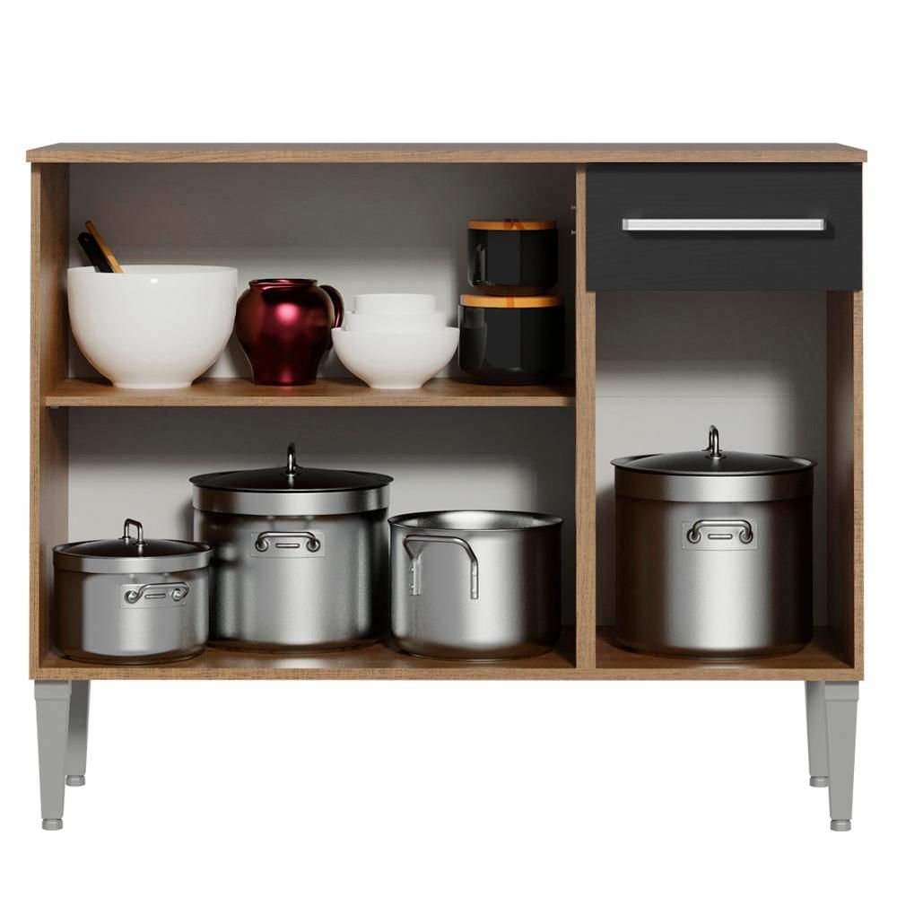 Balcão Gabinete Madesa Emilly 3 Portas e 1 Gaveta - Rustic/Preto Rustic/Preto