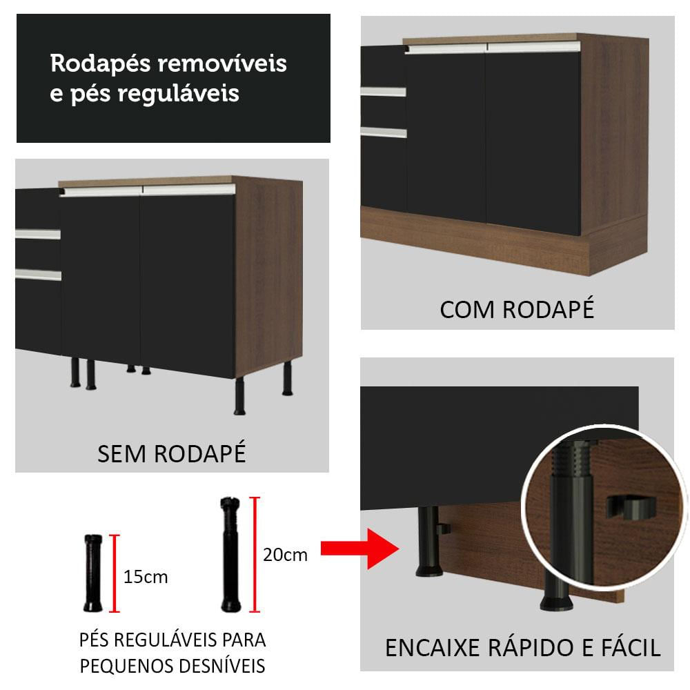 Balcão de Cozinha Madesa Glamy 70 cm 2 Portas - Rustic/Preto Rustic/Preto