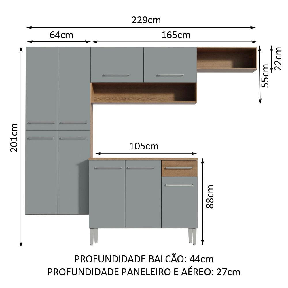 Armário de Cozinha Completa 229cm Rustic/Cinza Emilly Fit Madesa Rustic/Cinza