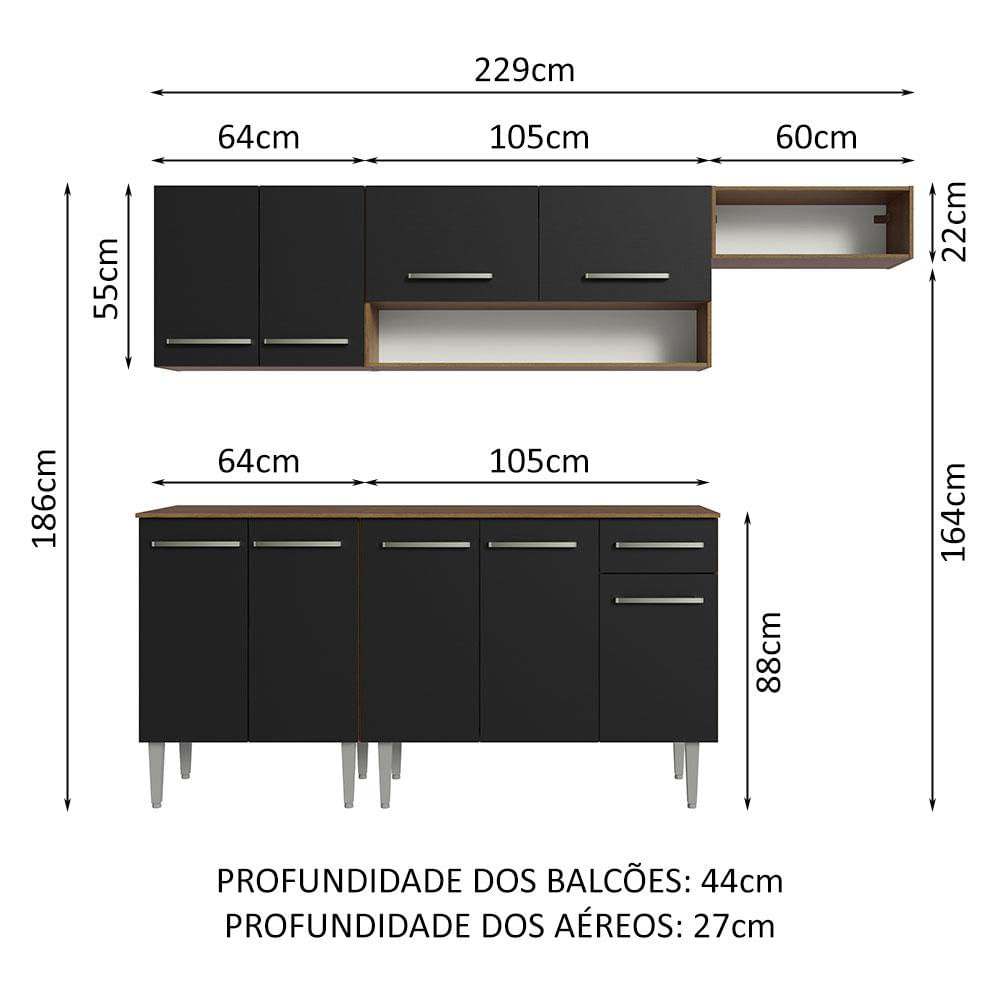 Armário de Cozinha Compacta 229cm Rustic/Preto Emilly Madesa 13 Rustic/Preto