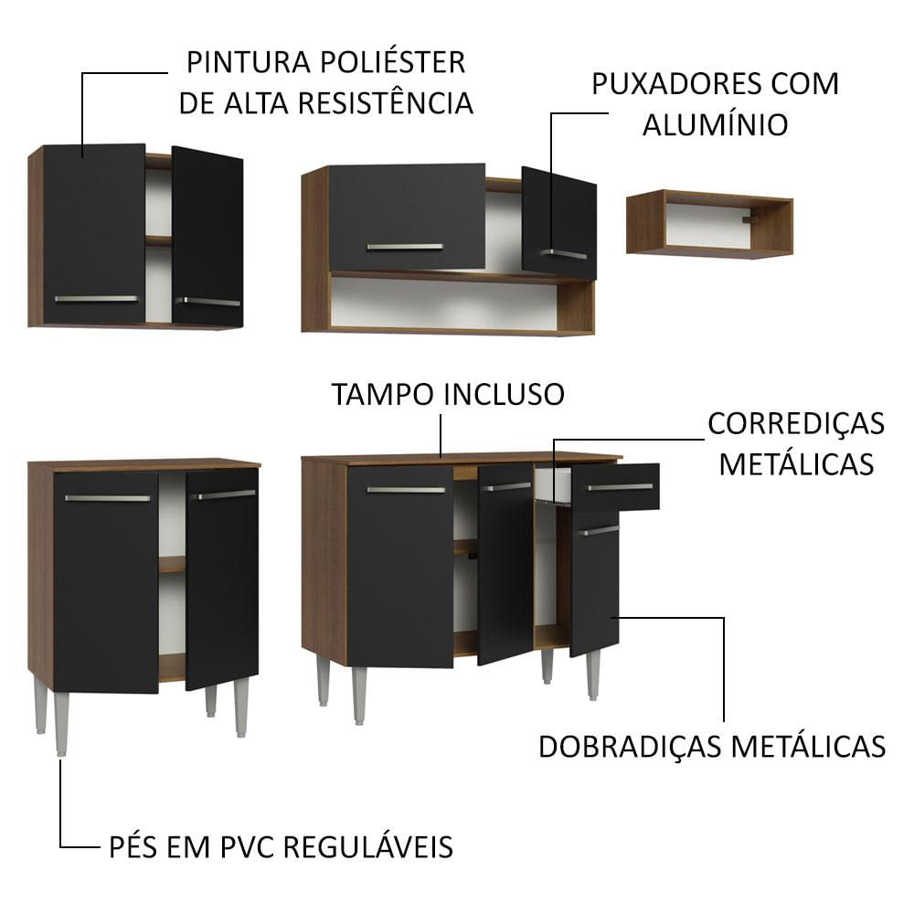 Armário de Cozinha Compacta 229cm Rustic/Preto Emilly Madesa 13 Rustic/Preto