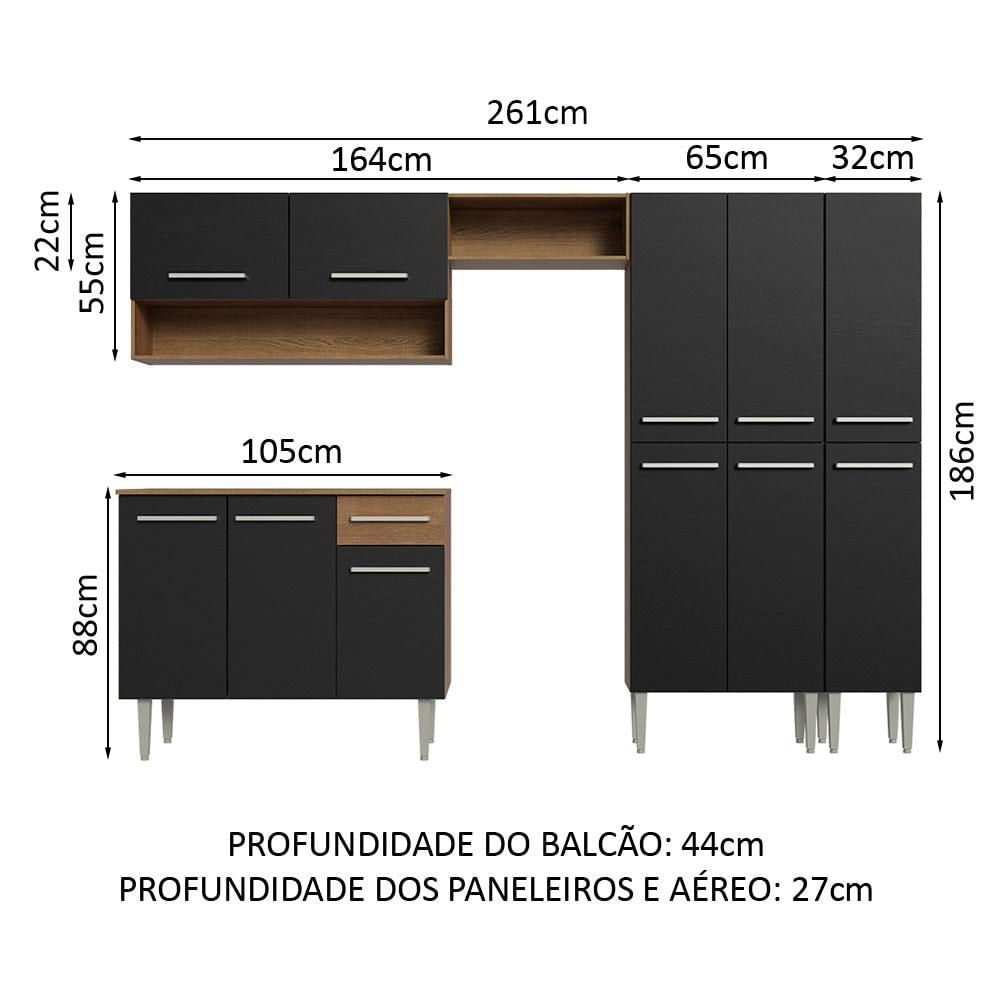 Armário de Cozinha Completa 261cm Rustic/Preto Emilly Madesa 02 Rustic/Preto