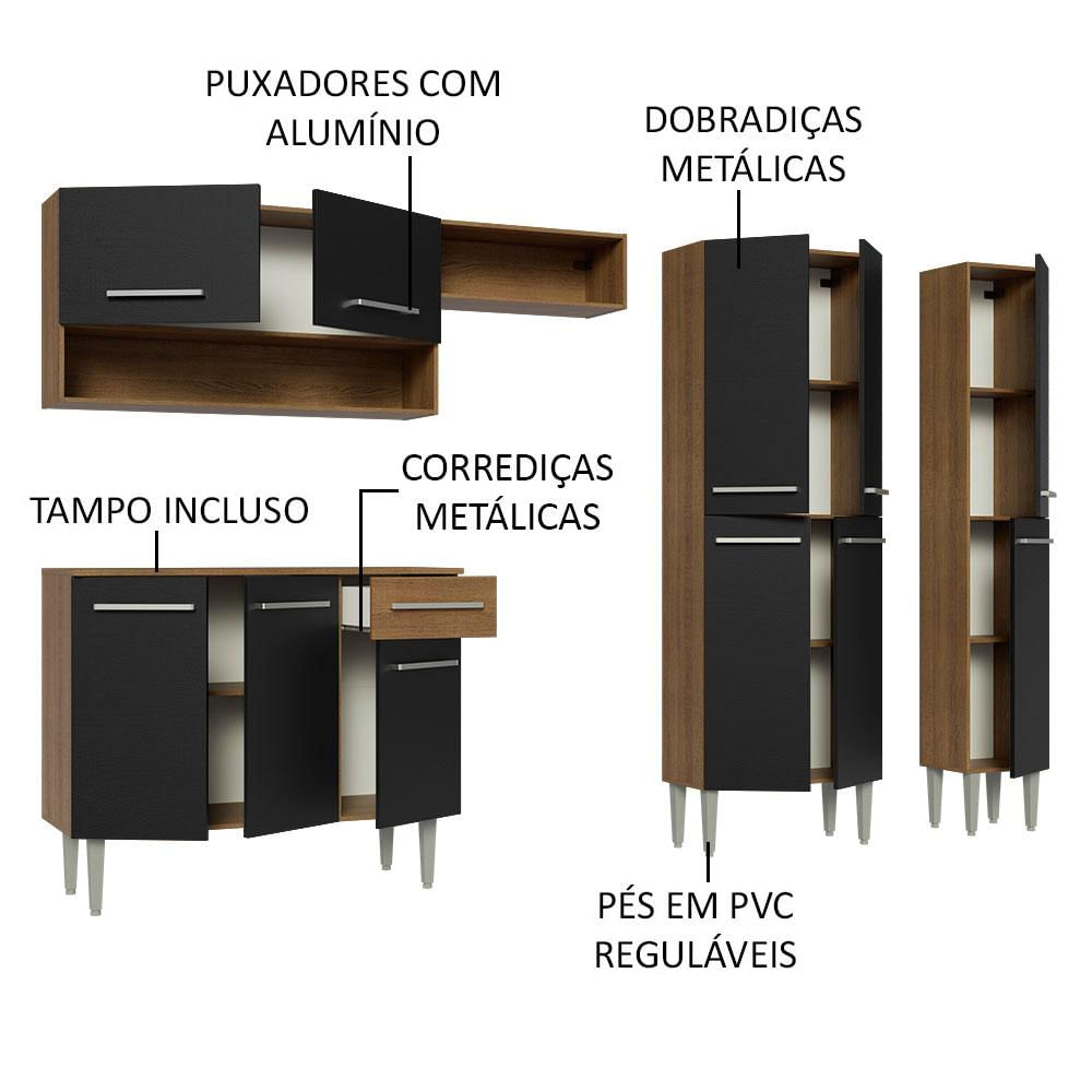 Armário de Cozinha Completa 261cm Rustic/Preto Emilly Madesa 02 Rustic/Preto