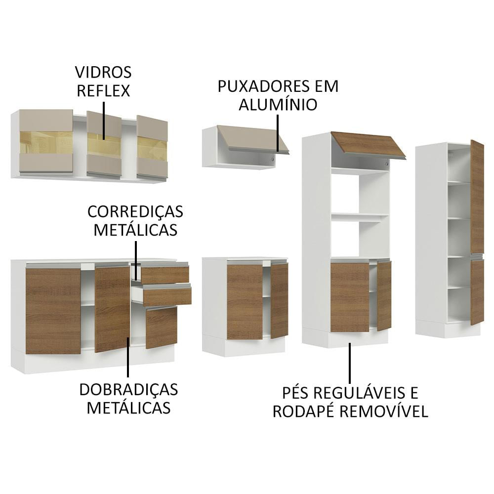 Armário de Cozinha Completa 100% MDF 300cm Branco/Rustic/Crema Smart Madesa 02 Rustic/Branco/Crema