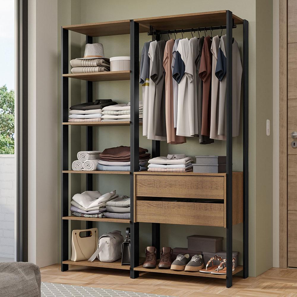 Guarda-Roupa Closet Modulado Valencia 2 Gavetas 129cm Rustic/Preto Madesa Rustic/Preto