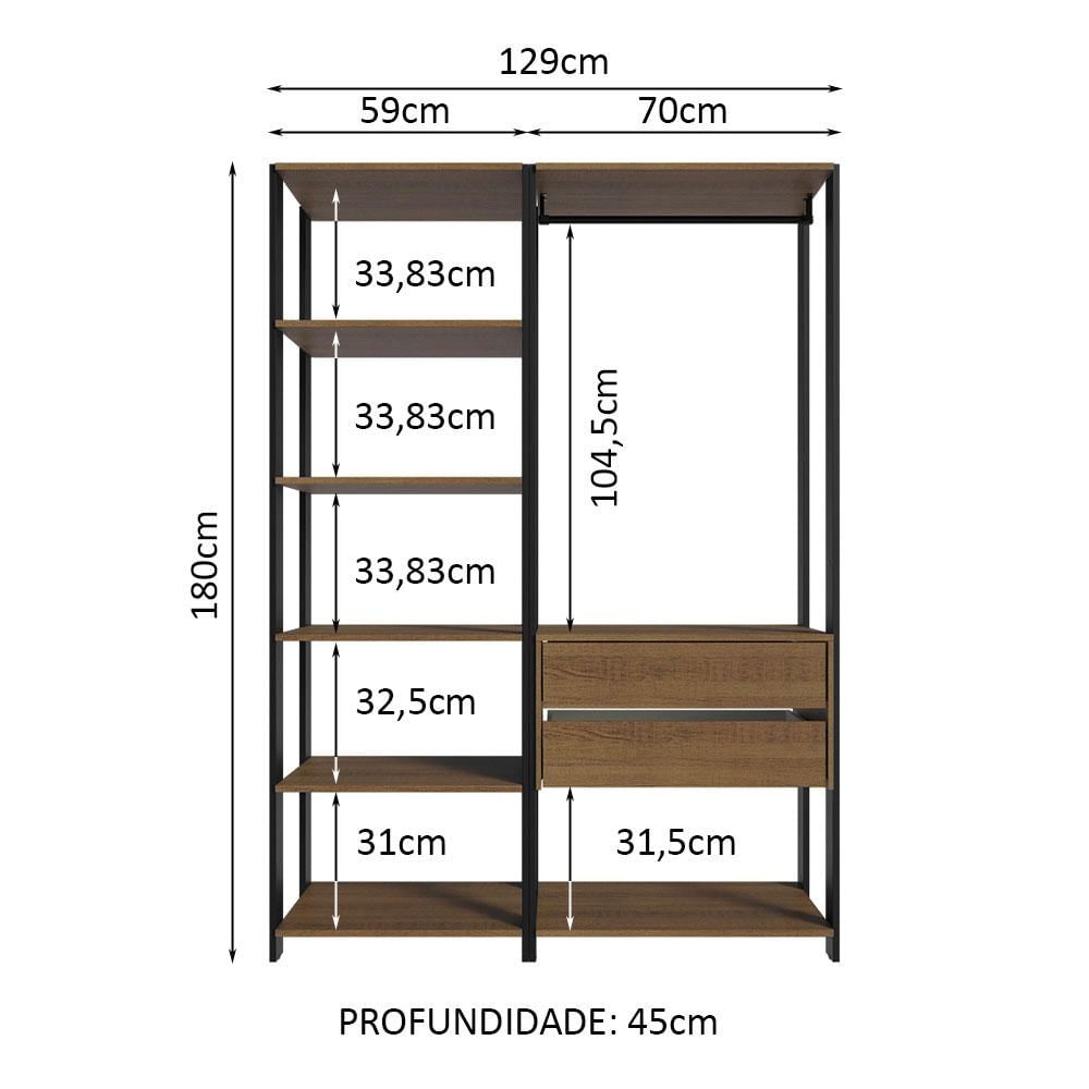 Guarda-Roupa Closet Modulado Valencia 2 Gavetas 129cm Rustic/Preto Madesa Rustic/Preto