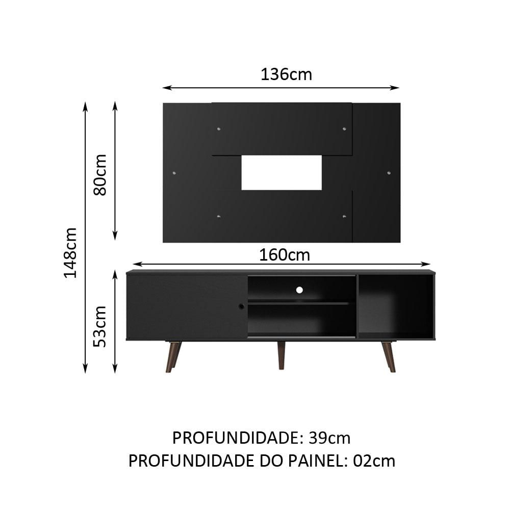 Rack Madesa Dubai com Pés e Painel para TV até 58 Polegadas - Preto/Rustic 8ND8 Preto/Preto/Rustic