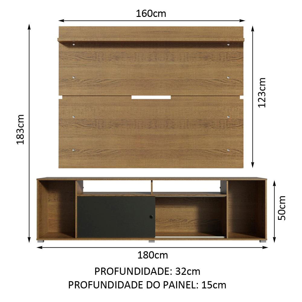 Rack Madesa Cancun e Painel para TV até 65 Polegadas - Rustic/Rustic/Preto Rustic/Preto/Rustic