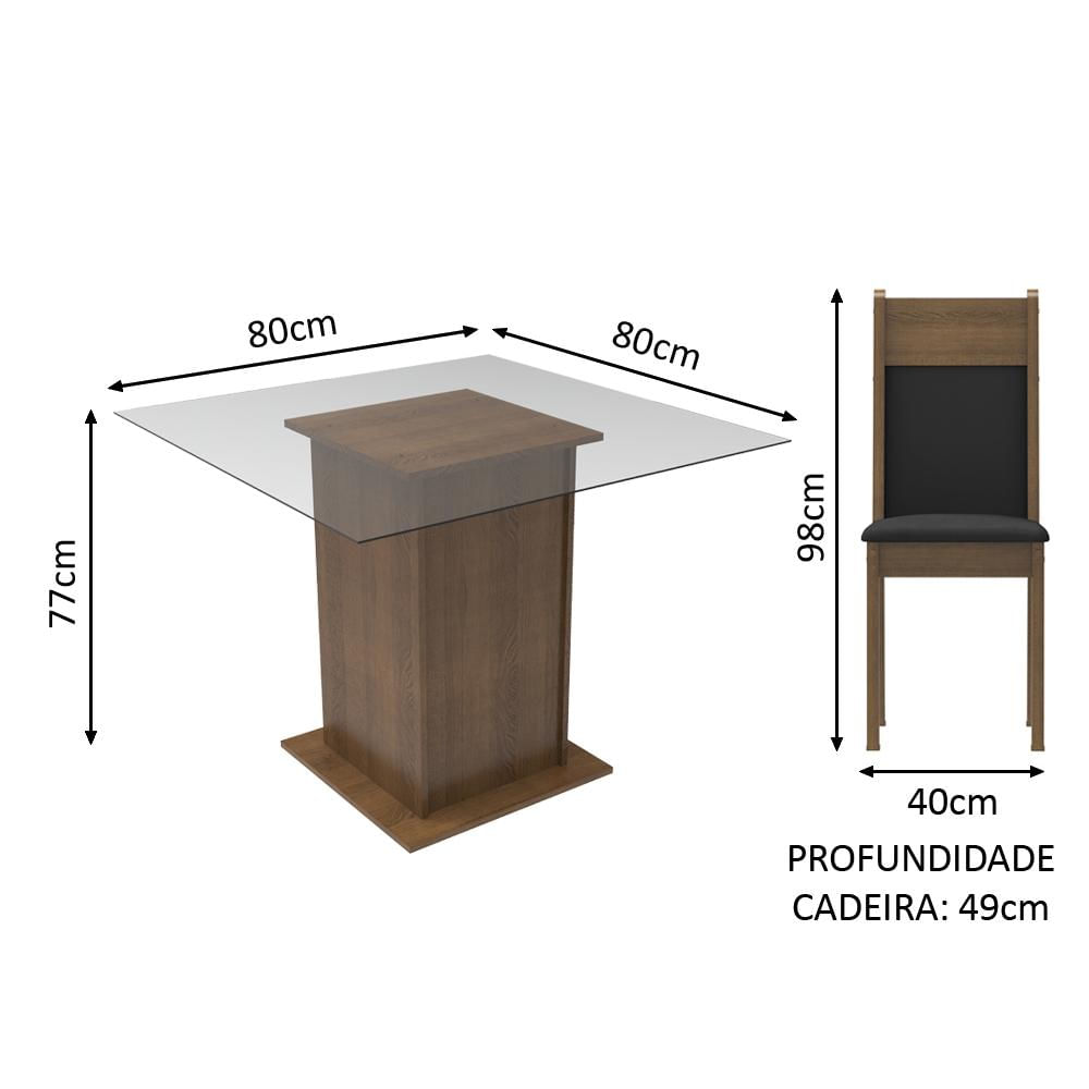 Conjunto Sala de Jantar Madesa Moni Mesa Tampo de Vidro 2 Cadeiras - Rustic/Preto/Sintético Preto Rustic/Preto/Sintético Preto