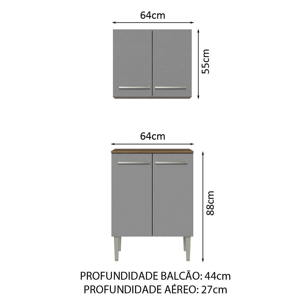 Kit com Armário Aéreo e Balcão 64cm Rustic/Cinza Emilly Madesa Rustic/Cinza