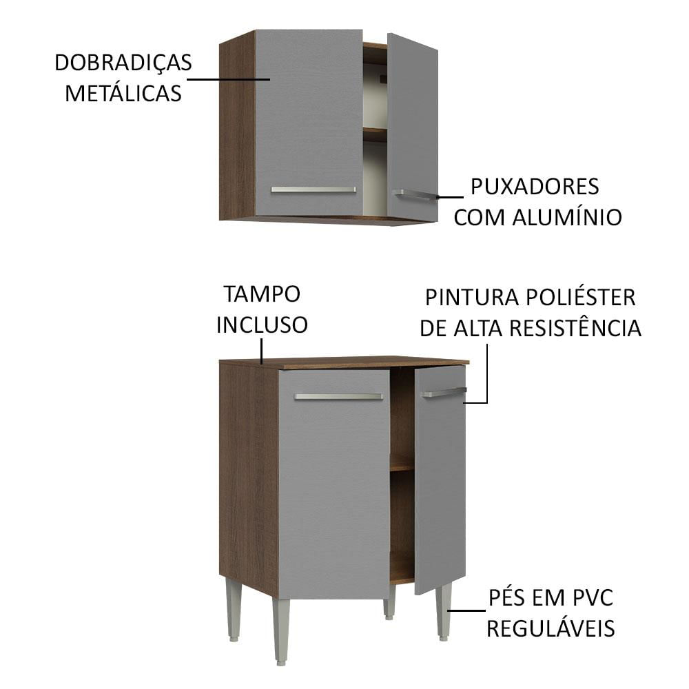 Kit com Armário Aéreo e Balcão 64cm Rustic/Cinza Emilly Madesa Rustic/Cinza