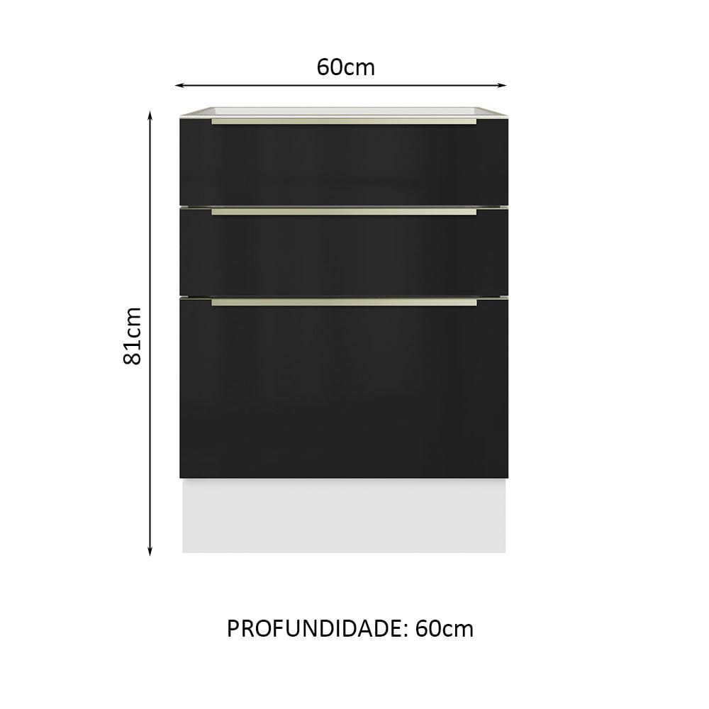 Balcão Madesa Lux 60 cm 3 Gavetas - Branco/Preto Branco/Preto