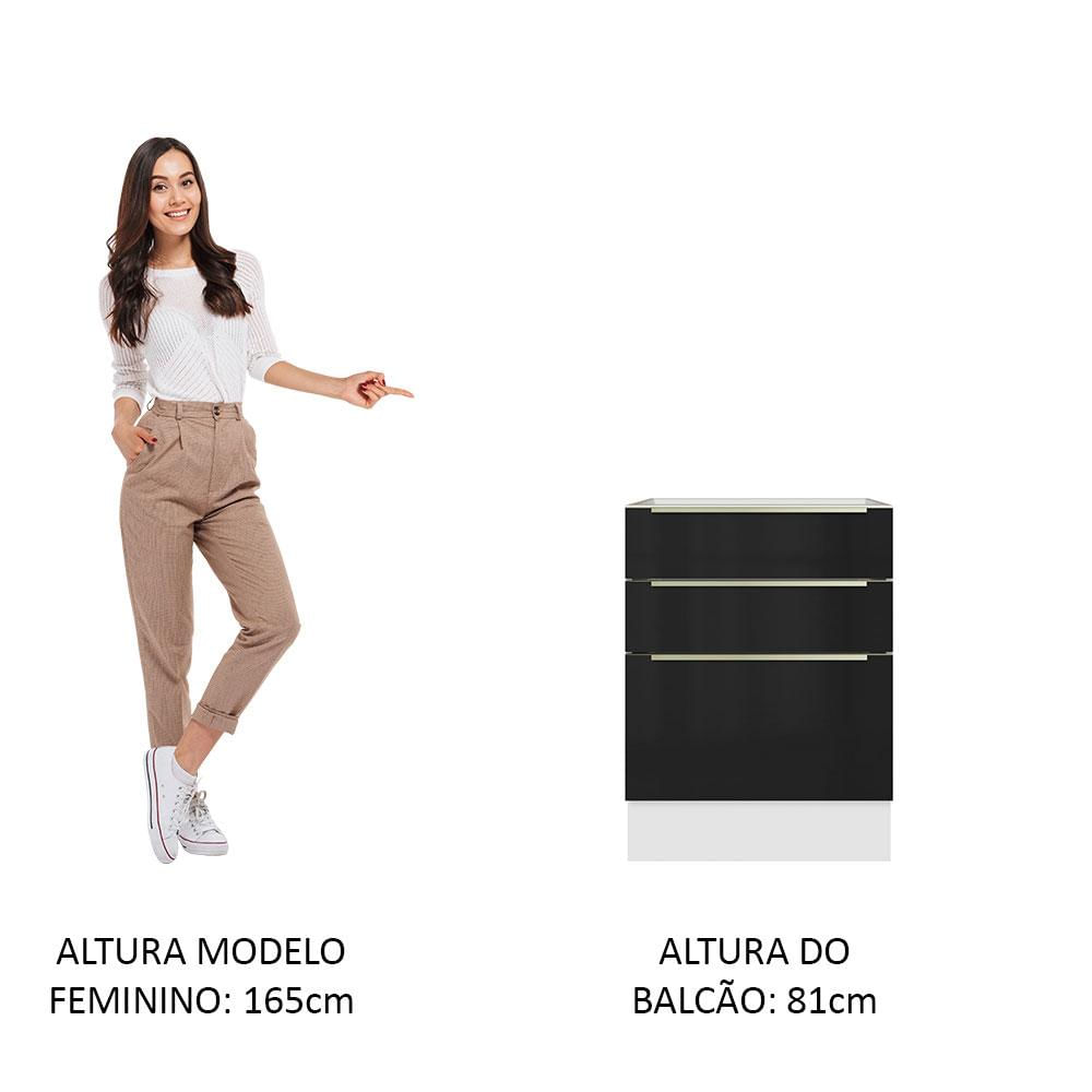 Balcão Madesa Lux 60 cm 3 Gavetas - Branco/Preto Branco/Preto