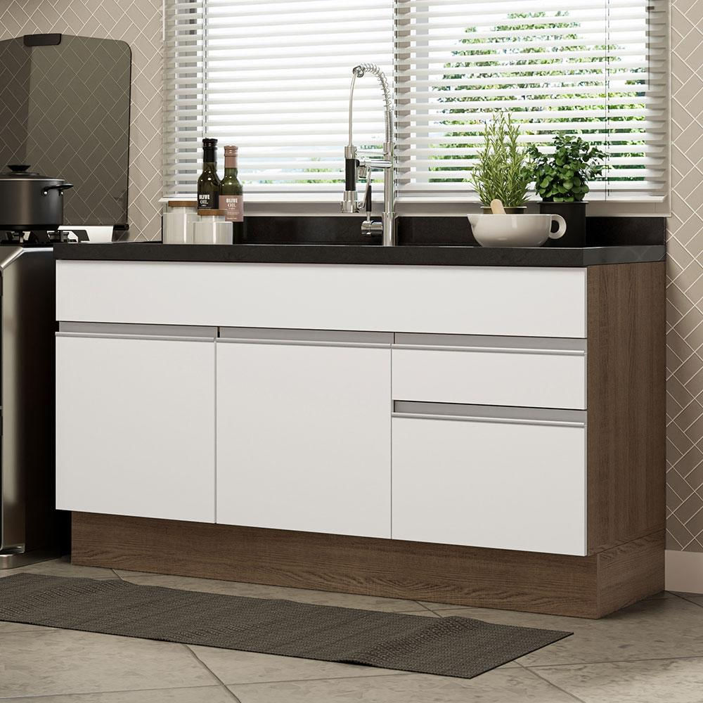 Balcão Gabinete de Pia Madesa Glamy 150 cm 2 Gavetas 2 Portas (Sem Tampo e Pia) - Rustic/Branco Rustic/Branco