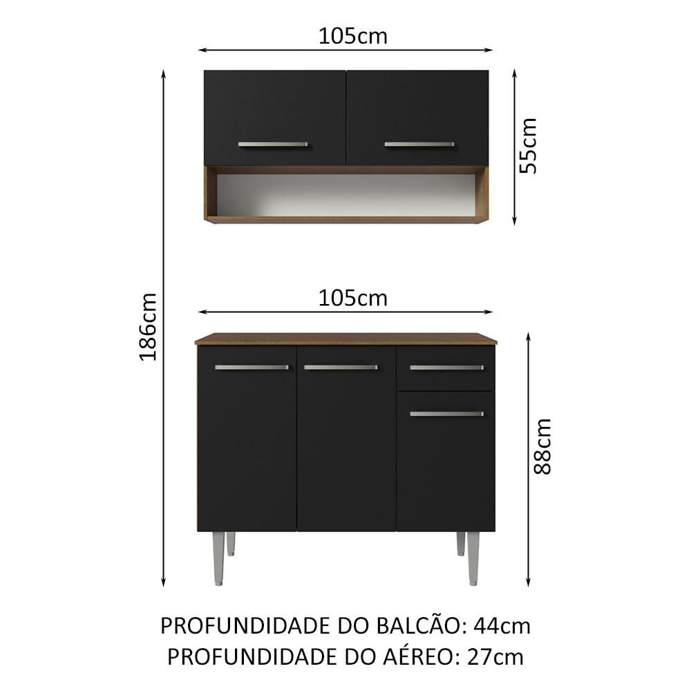 Armário de Cozinha Compacta 105cm Rustic/Preto Emilly Madesa 03 Rustic/Preto