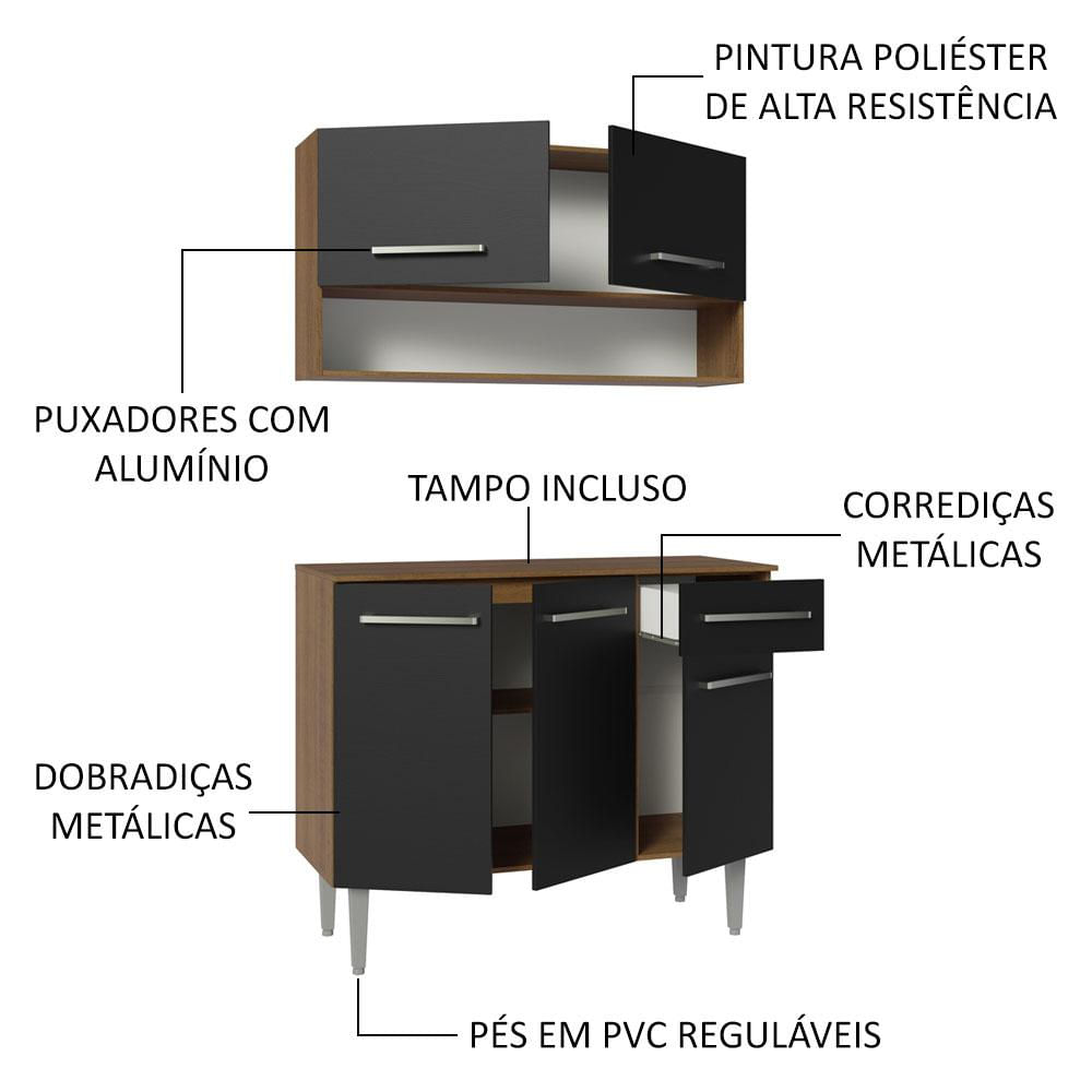 Armário de Cozinha Compacta 105cm Rustic/Preto Emilly Madesa 03 Rustic/Preto