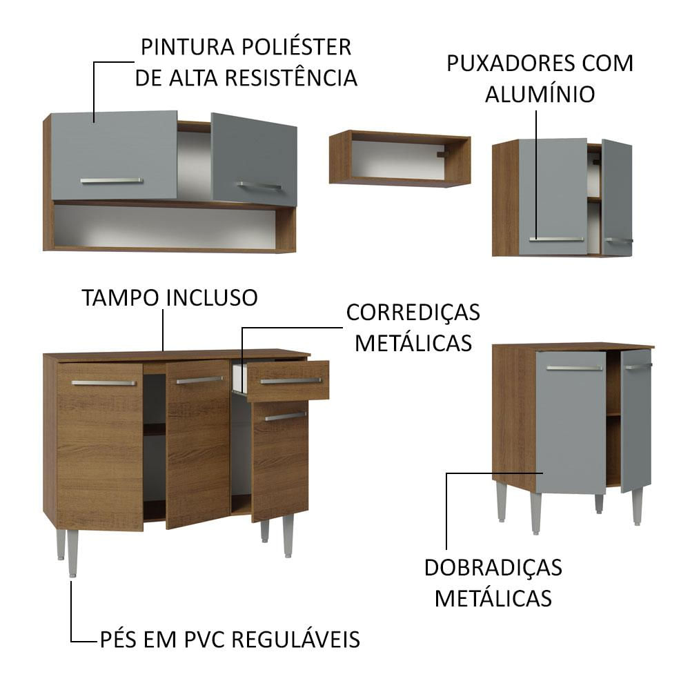 Armário de Cozinha Compacta 229cm Rustic/Cinza Emilly Madesa 15 Rustic/Cinza