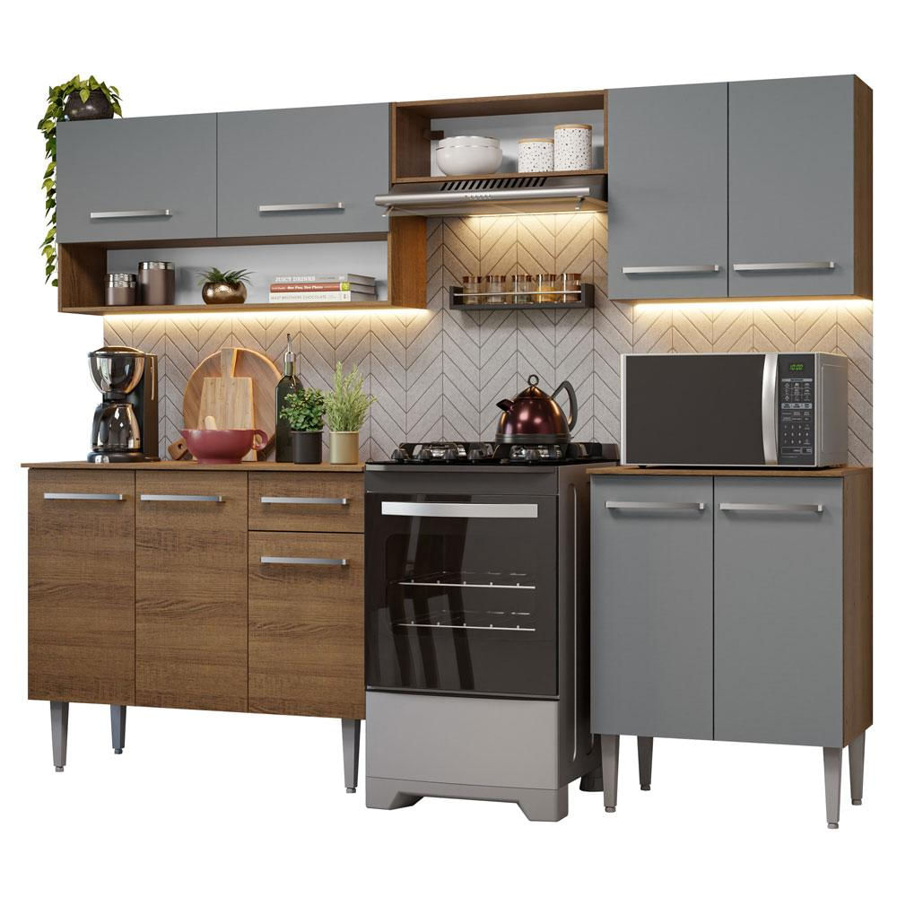 Armário de Cozinha Compacta 229cm Rustic/Cinza Emilly Madesa 15 Rustic/Cinza