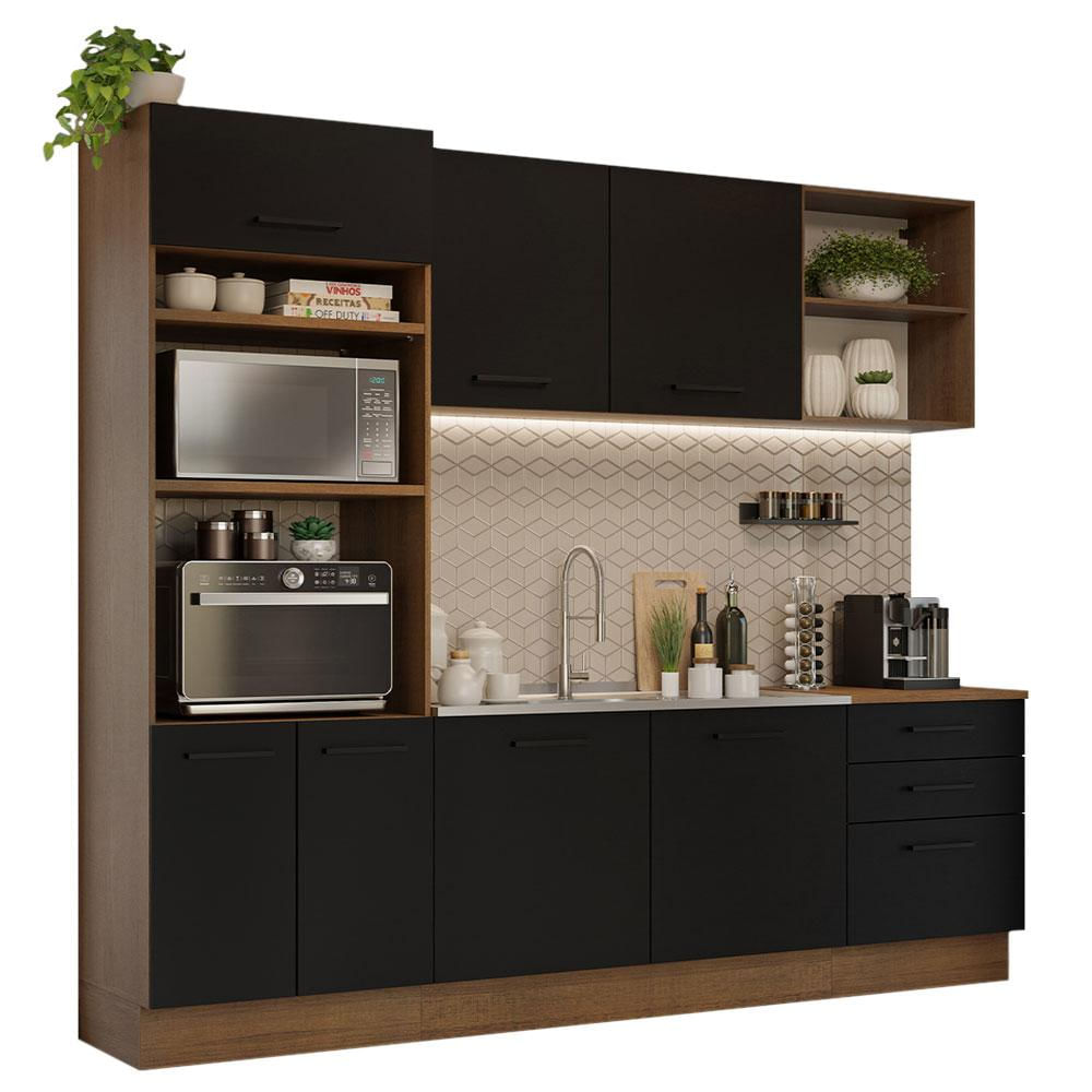 Armário de Cozinha Completa 250cm Rustic/Preto Agata Madesa 01 Rustic/Preto