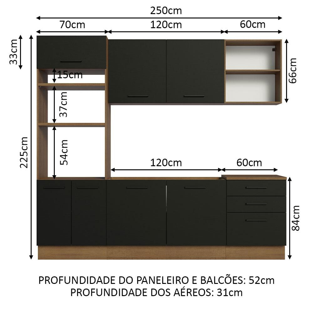 Armário de Cozinha Completa 250cm Rustic/Preto Agata Madesa 01 Rustic/Preto