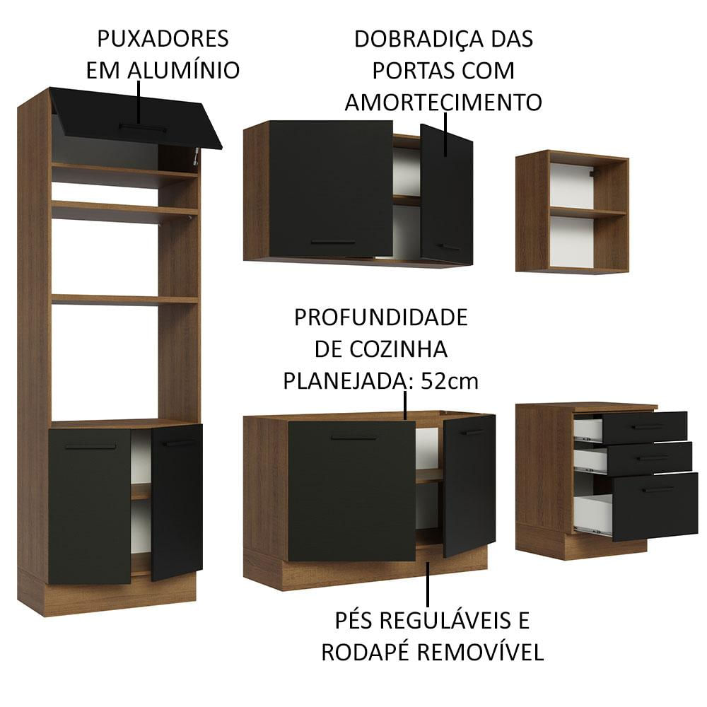 Armário de Cozinha Completa 250cm Rustic/Preto Agata Madesa 01 Rustic/Preto