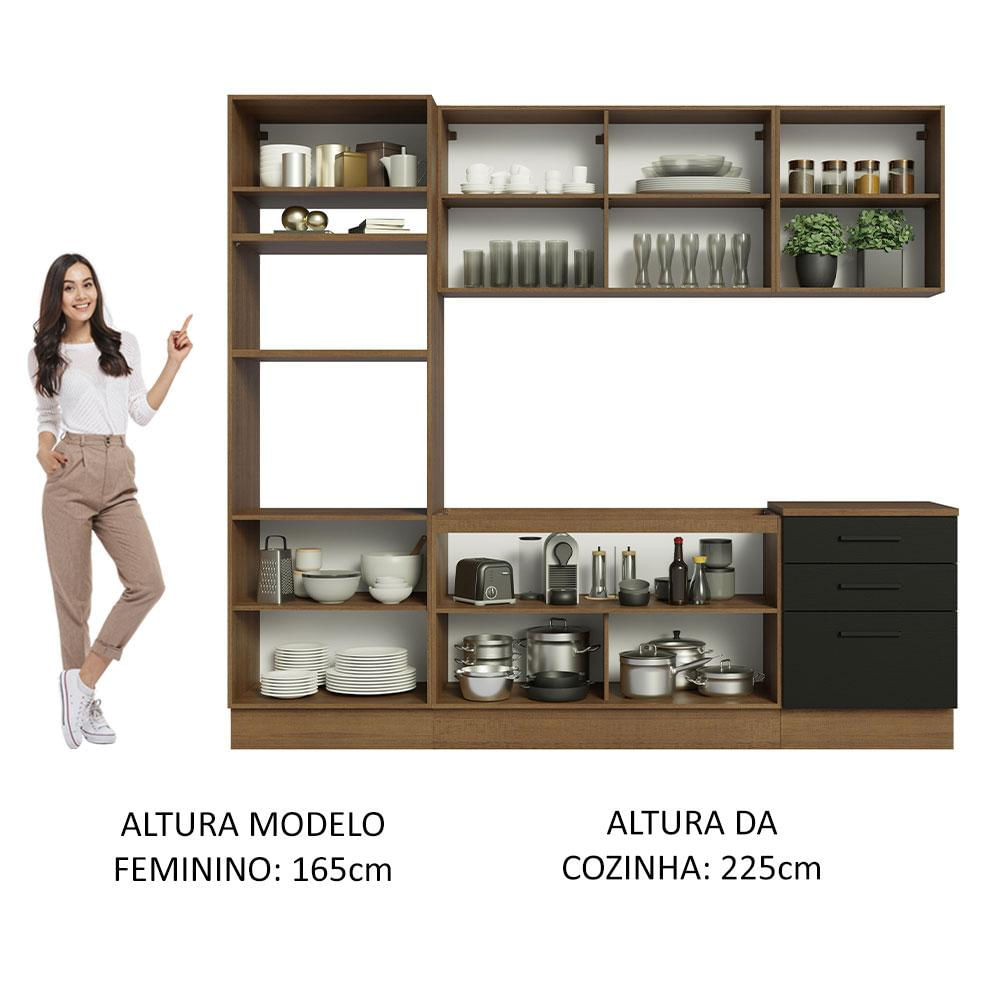 Armário de Cozinha Completa 250cm Rustic/Preto Agata Madesa 01 Rustic/Preto