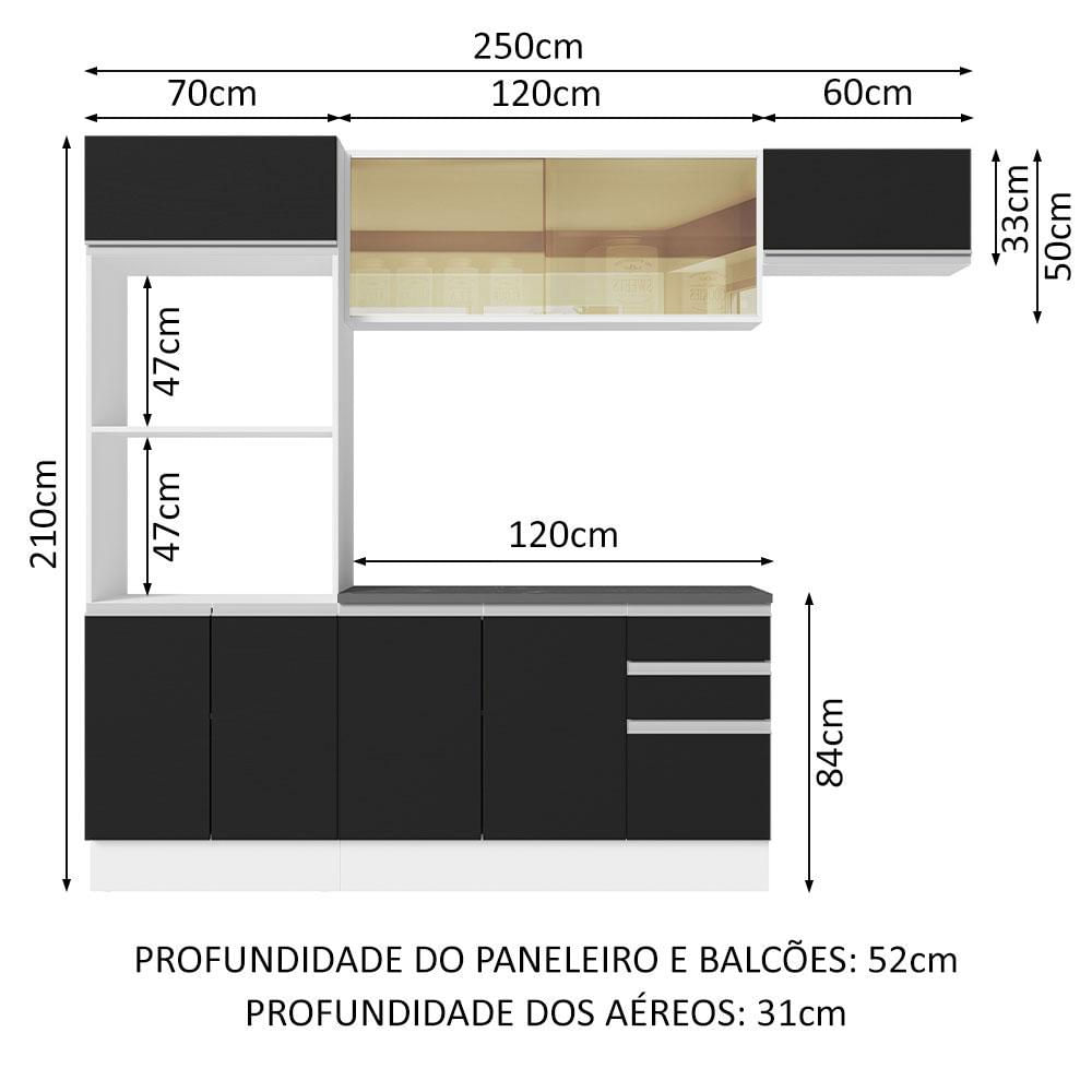 Armário de Cozinha Completa 100% MDF 250cm Branco/Preto Acordes Madesa 04 Branco/Preto