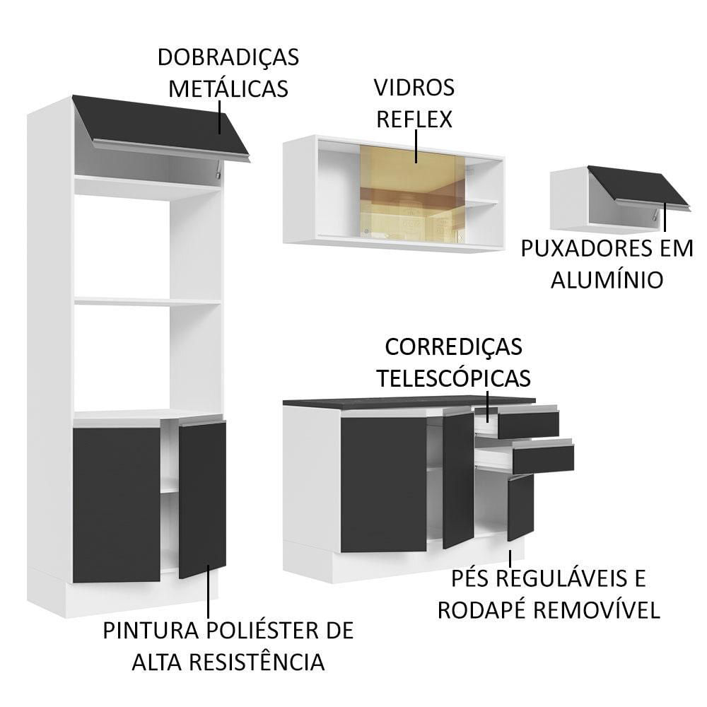 Armário de Cozinha Completa 100% MDF 250cm Branco/Preto Acordes Madesa 04 Branco/Preto