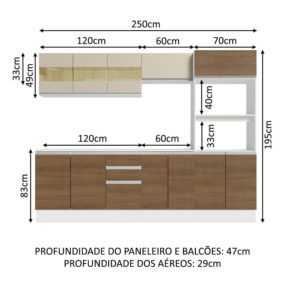 Armário de Cozinha Completa 100% MDF 250 cm Branco/Rustic/Crema Smart Madesa 02 Rustic/Branco/Crema