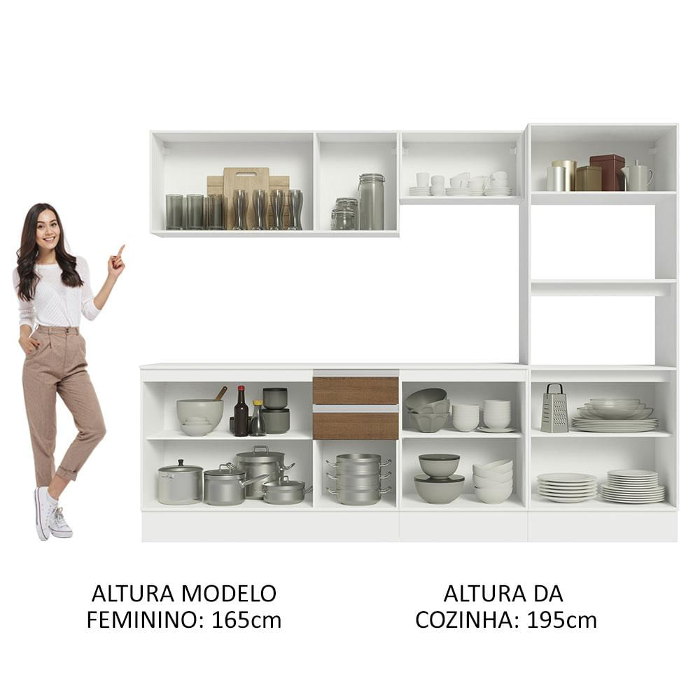 Armário de Cozinha Completa 100% MDF 250 cm Branco/Rustic/Crema Smart Madesa 02 Rustic/Branco/Crema