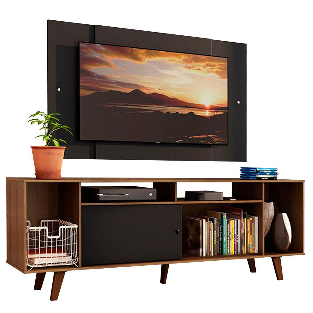 Rack Madesa Cancun e Painel para TV até 58 Polegadas com Pés - Preto/Rustic 7KD8 Preto/Rustic